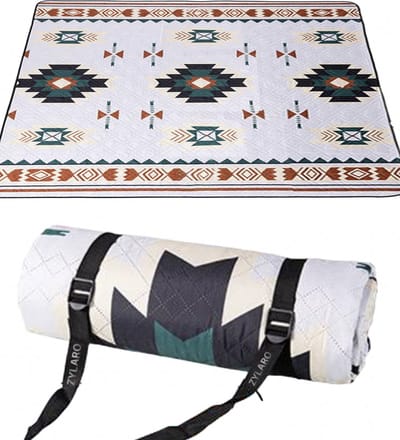 ZYLARO picknickdeken, 200x200cm, Dubbelzijdig waterdicht, machinewasbaar, draagbare stranddeken zandvrij, voor camping, park, tuin, strand, picknick, wandelen, barbecue, Santorini-patroon