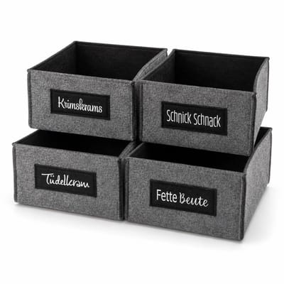 Manden set van 4 vilt met spreuken | Grijze opbergmanden voor badkamer, plank, kast en thuis