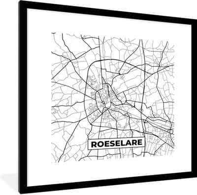 Fotolijst incl. Poster Zwart Wit- Stadskaart – Zwart Wit - Kaart – Roeselare – België – Plattegrond - 40x40 cm - Posterlijst