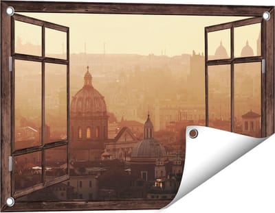 Gards Tuinposter Doorkijk Rome Stad bij Zonsopgang - 60x40 cm - Tuindoek - Tuindecoratie - Wanddecoratie buiten - Tuinschilderij