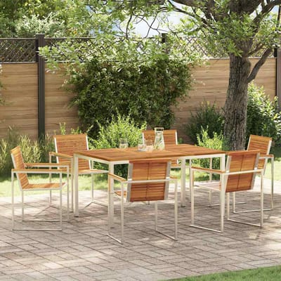 vidaXL - Tuin - Eettafel - Set - 7 - st - Massief - acaciahout - en - roestvrij - staal