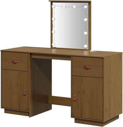 Kaptafelset met LED - Make-up tafel - Slaapkamer inrichten - Massief grenenhout - 1 stuk - Honingbruin