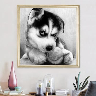Diamant Schilderij Kruissteek Hars Dier Hond Met Honkbal Diamant Mozaïek Diamant Borduurwerk 30x30CM gray