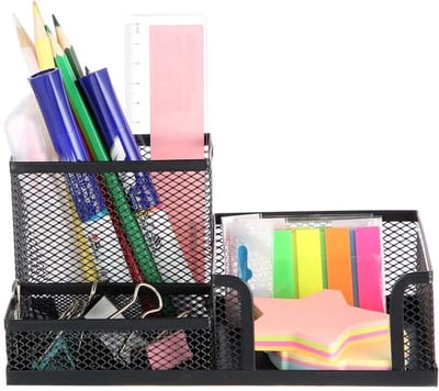 Pennenbak met 3 vakken - Pennenhouder - Desk - Bureau organizer - Pennenbakje - Metaal - Mesh - Pennenbakjes - Zwart