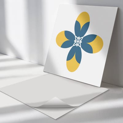 Wallfluent Vinyl Tegels - Symmetrisch Bloemenpatroon Zelfklevende Vinyl Tegels - 30 cm x 30 cm - Geel Vinyl Tegels - Verpakking van 9 stuks - Vierkant PVC Tegels - Bloemen en Planten Plaktegels - Vinyl Wandtegels - Plaktegels Keuken en Badkamer