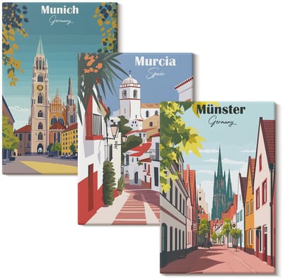 Wallfluent Set van canvas schilderijen - Europese steden in kleurrijke illustraties Canvas Schilderijen Set - set 3 stuks 20x30 cm - Veelkleurig Set van Canvas Prints - Steden Canvas Kunst Set - Boheemse Canvas Kunst Set