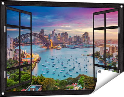 Gards Tuinposter Doorkijk Sydney Harbour Bridge in de Avond - 90x60 cm - Tuindoek - Tuindecoratie - Wanddecoratie buiten - Tuinschilderij