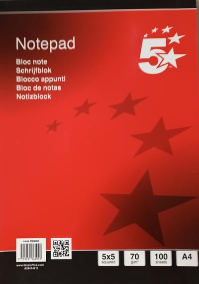 Schrijfblok - Ruit 5x5mm - A4 297x210mm - 70 gram - 100 vel - 5Star - Bloc Note - Notizblock - Bloc de Notas
