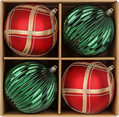 Set van 4 grote kerstballen 12 cm - Glanzende kerstboomdecoraties in rood en groen met cadeauverpakking en ophanghaken voor een feestelijke kerstdecoratie