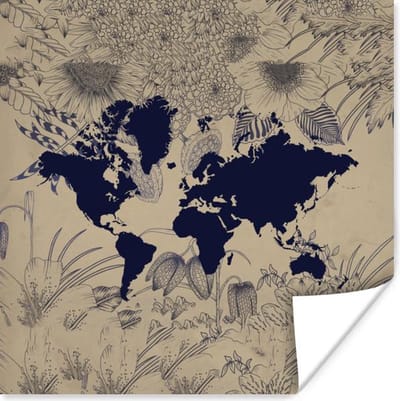 Poster 30x30 cm - Wereldkaart - Planten - Paars - Posters - Kamer decoratie - Wanddecoratie woonkamer - Muurdecoratie slaapkamer