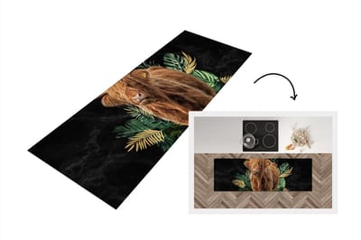 Keukenloper - Loper keuken - Schotse hooglander - Goud - Bladeren - 150x50 cm - Keukenloper vinyl