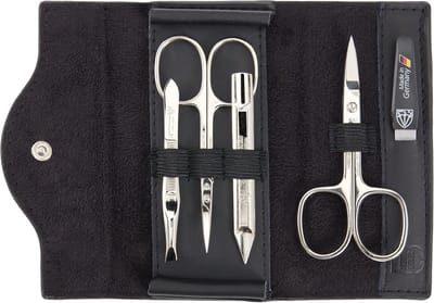 5-delige Manicureset in Zwart Echt Leer - Nagelverzorging Set Inclusief Scharen, Vijl en Pincet