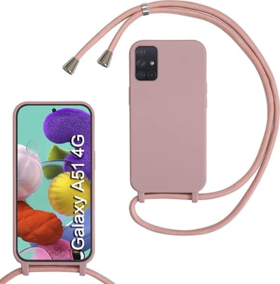 HB Hoesje Geschikt voor Samsung Galaxy A51 Mat - Roze - Siliconen Back Cover met Koord - Telefoonhoesje met Koord - Crossbody Lanyard Cord Case