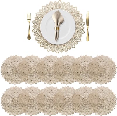 Gouden Placemats - Metallic Tafelmatten - Feestelijke Decoratie - Uitgehold Bloemendesign - 12 Stuks 38 cm - Goud