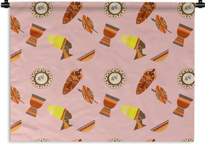 Wandkleed - Wanddoek - Afrika - Djembé - Patronen - Afrikaanse maskers - 120x90 cm - Wandtapijt