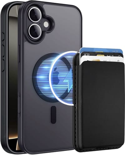 Hoesje met Pasjeshouder geschikt voor iPhone 17 Hoesje - 2 Pack - Afneembare Magnetische Pasjeshouder - Vegan Leer - Geschikt voor Magsafe iPhone 17 - Sterk Slank en Stootbestendig - Doorzichtig - Mat Zwart