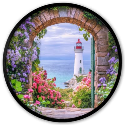 Poster in lijst Rond - Fotolijst 40x40 cm - Posters - Doorkijk - Vuurtoren - Bloemen - Uitzicht - Ronde posterlijst zwart - Decoratie - Wanddecoratie woonkamer - Muurdecoratie slaapkamer