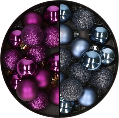 Decoris kleine kerstballen - 28x st - donkerblauw en paars - 3 cm - kunststof