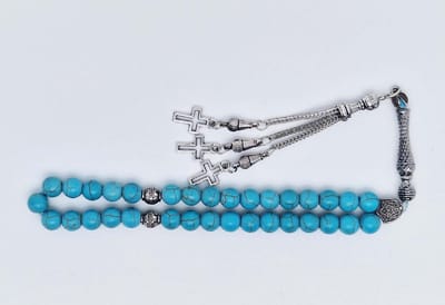 Handgemaakte tesbih klassiek - "Tasbih" natuursteen "Turkoois" - Aantal kralen 33 - Diameter kralen 8 MM - met metaal tassel "Kruis" - Een mooi cadeau-idee