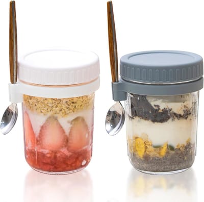 Set van 2 Herbruikbare Ontbijt Jars van 350ml met Maatstreepjes, Ideaal voor Overnight Oats, Melk en Fruit, Inclusief Lepel, Wit en Grijs