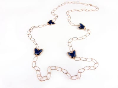 Zilveren halsketting halssnoer collier roos goud verguld Model Butterfly donker blauwe stenen