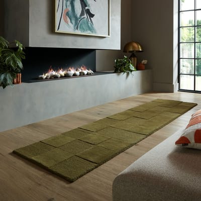 Flycarpets Loper - Laagpolig vloerkleed Checkerboard - Groen 60 x 230 cm
