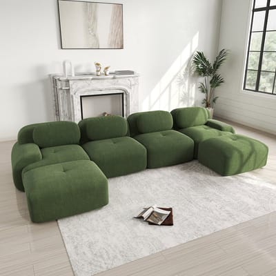 Wishdor - Modulaire Hoekbank - Montagevrij En Ergonomisch - Brede Zitting En Gebogen Armleuningen - Strak Ontwerp Voor Woonkamer - Zachte Ademende Ribstof - Antislip Onderzijde - Groen