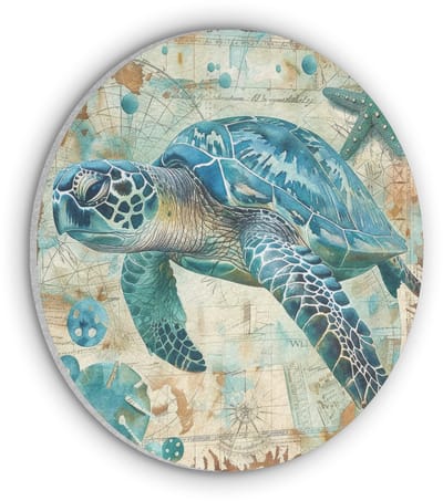 Akoestisch wandpaneel rond 30x30 cm - Vilt schilderij Vintage - Schildpad - Zeedieren - Watercolor - Ronde akoestische panelen - Geluidsdempende wanddecoratie - Geluidsisolatie wandcirkel - Muurdecoratie geluidspanelen