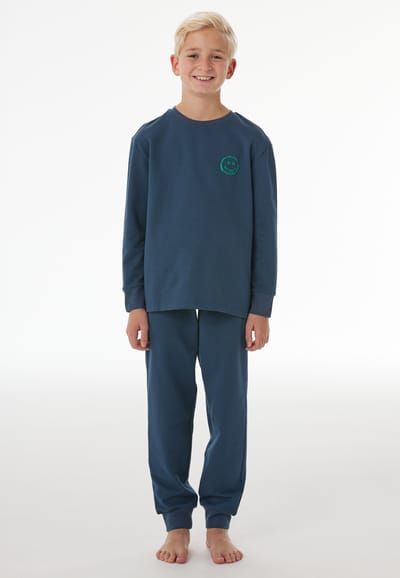 Lange pyjama van sweatshirtstof met manchetten en smiley, diepblauw - Nightwear 98