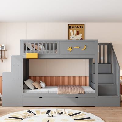 VVBV Kinderstapelbed 90x200 cm - Opbergruimte, Lades, Bureau, Trap/Ladder, Voor Kinderen/Tieners - Massief Hout Grijs
