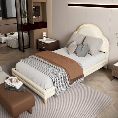 HAUSS SPOLE Gestoffeerd Bed 90x200 - Kinderbed Met Wolkvormig Hoofdbord En LED Verlichting - Met Lattenbodem - Fluweel - Beige