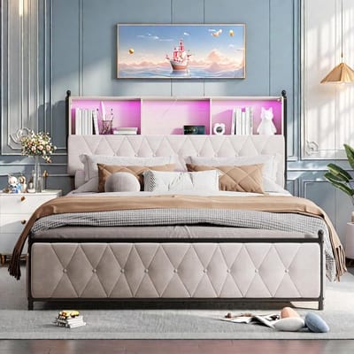 Luxe Gestoffeerd Tweepersoonsbed 160x200 cm met Opbergruimte, USB en LED Verlichting