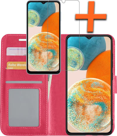 Hoes - Met Screenprotector - Geschikt voor Samsung Galaxy A23 - Luxe Pasjeshouder - Bookcase Portemonee - Flip Case - Kunstleer Book Case - Flipcase - Book Cover - Walletcase - PortemonneeHoes - Donkerroze