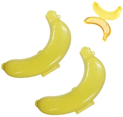 KZQ Bananenbox - Met ventilatiegaatjes, te gebruiken als lunchbox, herbruikbaar - Beschermt fruit, bewaart voedsel - Geschikt voor school, werk en reizen - Set van 2, Geel