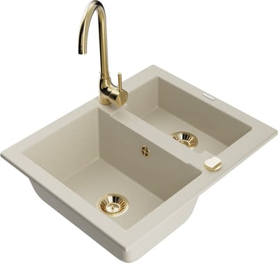Mexen Carlos granieten gootsteen 1,5-kamer met Telma keukenkraan, beige - 6518-69-670200-50