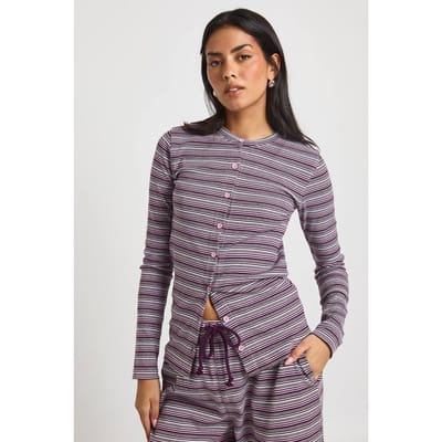 boohoo Dames Gestreepte Rib Doorknoop Lange Mouwen Top | Pink | Maat: 6