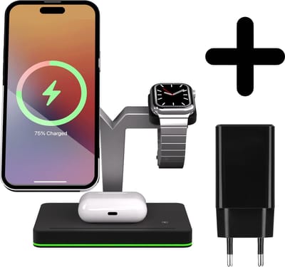 3 in 1 Magnetische docking station geschikt voor Apple iPhone / Apple Watch / AirPods - Oplader draadloos - iPhone Oplader met kabel - USB A naar USB C - Magneet - Magnetisch Oplaadstation telefoons - GSM lader Qi station - met adapter