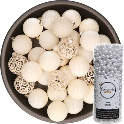 Decoris Kerstballen - 37x stuks - 6 cm - incl. kralenslinger - wol wit - kunststof