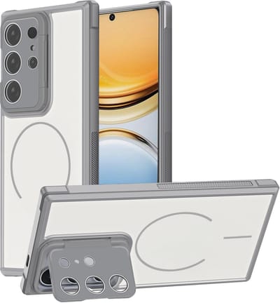 Hoesje Geschikt voor Samsung Galaxy S26 Ultra - Grijs - Casemania Magnetische Matte Armor Back Cover met Camera Shield Kickstand - Telefoonhoesje Geschikt voor MagSafe met Camera Bescherming