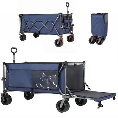 STILVORA Bolderwagen – 180 cm Met Uitschuifbare Achterklep – Opvouwbaar – Staal En Slijtvaste Stof – Blauw – Voor Strand, Tuin En Kamperen