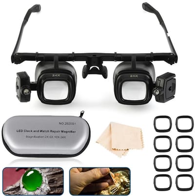 LED-hoofdvergrootglas - Vergrootglas met LED-verlichting – Handsfree hoofdvergrootglas – Uitgerust met 4 verwisselbare lenzen (2x, 6x, 10x, 24x) – Verstelbare lenzen en stralingshoek – 190x142x45mm – ABS + acryl lens