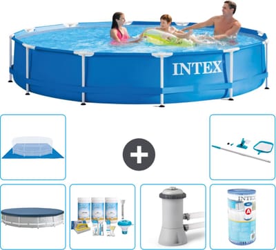 Intex Rond Frame Zwembad - 366 x 76 cm - Blauw - Inclusief Afdekzeil - Onderhoudspakket - Zwembadfilterpomp - Filter - Grondzeil - Schoonmaakset - 7-delig