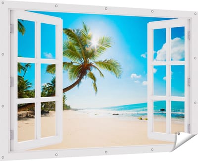 Gards Tuinposter Doorkijk Tropisch Strand en Zee in Sri Lanka - 180x120 cm - Tuindoek - Tuindecoratie - Wanddecoratie buiten - Tuinschilderij