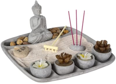 Atmosphera Boeddha zen tuin met waxinelichthouders - voor binnen - cement - 23 x 23 cm - Met klein boeddha beeldje