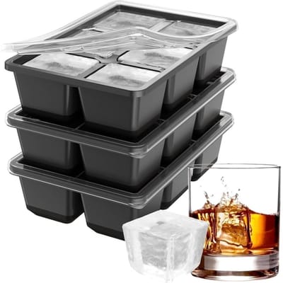 Grote ijsblokjesvormen, 3-delige set vierkante whisky-ijsblokjesvormen, grote ijsblokjesbak, stapelbare cocktailijsblokjesbak met deksel, gemakkelijk te ontvormen (zwart) 160x110x50mm