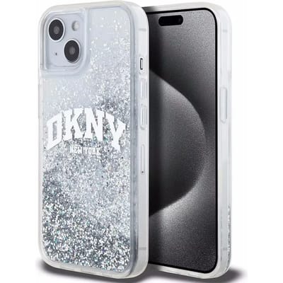 DKNY Liquid Glitter Arch Logo Back Case - Geschikt voor Apple iPhone 15 (6.1") - Wit/Zilver