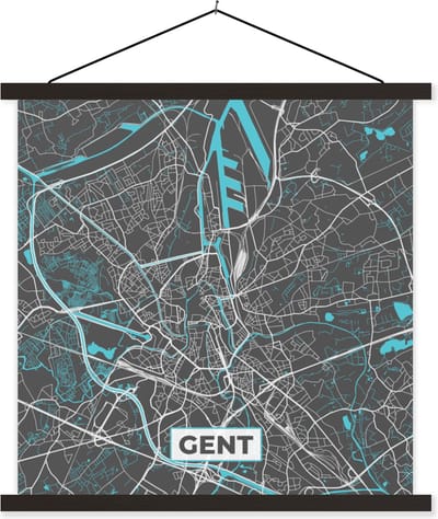 Posterhanger incl. Poster 60x60 cm - Schoolplaat - België – Gent – Stadskaart – Kaart – Blauw – Plattegrond - Textielposter - Zwarte latten - Stadskaart