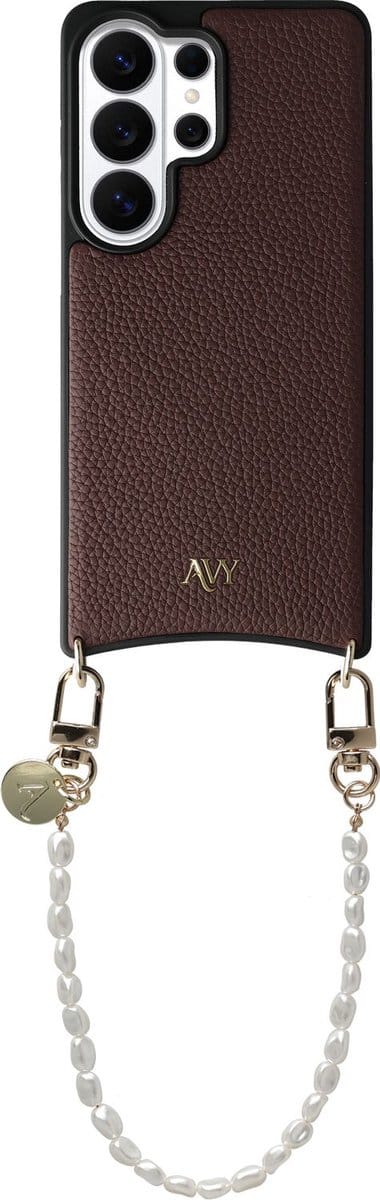 AVY Leren Hoesje Geschikt voor Samsung Galaxy S26 Ultra | Compatibel met MagSafe | Leather Case met Telefoonkoord | Polsband | Chocolate | Perla Chic