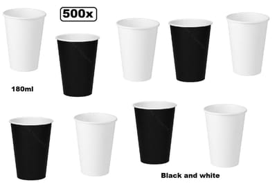 500x Koffiebeker karton zwart en wit 180ml -melk suiker hout festival werk lepel