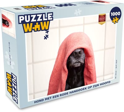 Puzzel Hond met een rode handdoek op zijn hoofd - Legpuzzel - Puzzel 1000 stukjes volwassenen